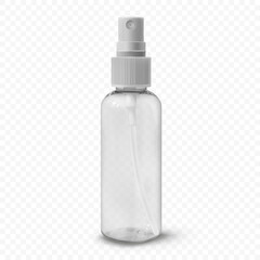 Transparent plastic cosmetic bottle with spray realistic vector illustration, isolated. Container for sanitizer, mist, thermal water