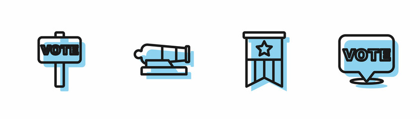 Set line American flag, Vote, Cannon and icon. Vector