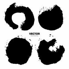 Grunge Vector Set of brush Circle Round Black color on white background. Hand painted grange elements. Ink drawing. Dirty artistic design