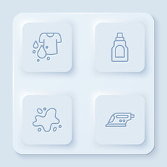 Set line Dirty t-shirt, Bottle for cleaning agent, Water spill and Electric iron. White square button. Vector