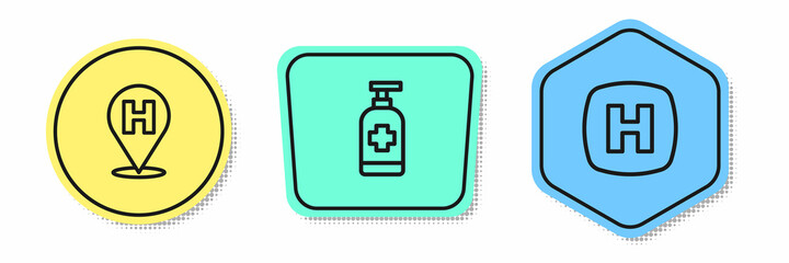 Set line Location hospital, Antibacterial soap and Hospital signboard. Colored shapes. Vector