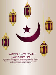 Happy new year islamic new year with pattern gold islamic lantern and moon