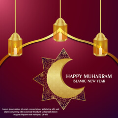 Happy muharram islamic new year with arabic pattern golden moon and lantern