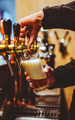 bartender hand at beer tap pouring a draught beer in glass serving in a bar or pub