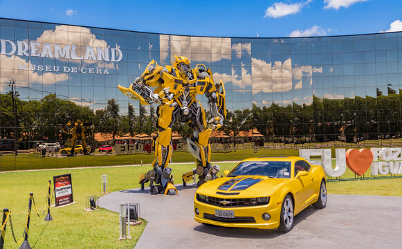 Foz do Iguacu, Brazil - November 22, 2017:  Bumblebee Transformer in front of the Wax Museum "Dreamland" in Foz do Iguacu near the famous Iguacu Falls.