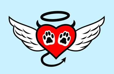Pet paw print on background of heart with wings, print, sticker, icon 