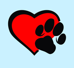 Dog paw print on heart background, sticker, icon 