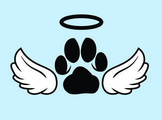 Pet paw print on background of heart with wings, print, sticker, icon 