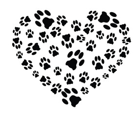 The outline of a heart, consisting of paw prints of a pet, a puppy. Sticker, icon 