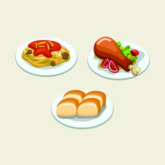 Healthy food vector illustration in color. Grilled chicken, spaghetti and bread vector isolated