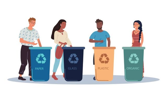 Garbage sorting concept. Young men and women put various waste in special garbage cans for recycling. Moving characters take care of environment and throw trash. Graphic modern animated cartoon