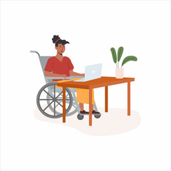 Young african disabled woman in wheelchair working at computer in comfortable office. Concept of diverse people employment with disabilities. Flat vector illustration isolated on white.