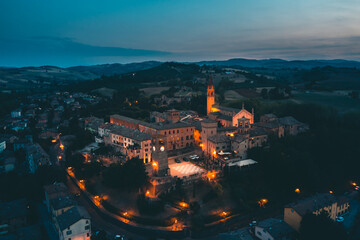 Fototapeta premium Aerial view of Castelvetro village by night. Modena Italy.