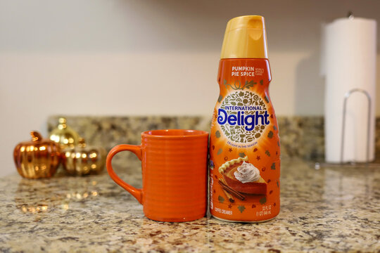 Louisville, Ky / October 27, 2021: A Bottle Of International Delight Coffee Creamer In The Flavor Of Pumpkin Pie Spice, Sitting On A Kitchen Counter