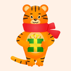 Cartoon picture with a tiger cub. Vector images for Christmas with a tiger cub. Cute tiger cub with a gift.