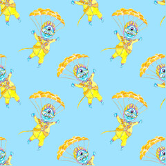 Bright background. Cartoon skydivers in yellow suits. Blue three-eyed monster. Blue light sky. Ideal for children's textiles, wallpaper and clothing
