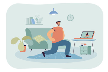 Man doing sport exercise on laptop online at home during lockdown because of coronavirus. Fit guy watching video or webinar doing virtual workout flat vector illustration. Training, self care concept
