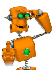 funny robot cartoon sees far away in a white background