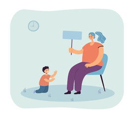 Young kindergarten teacher sitting on chair and playing with boy. Woman teaching child via game flat vector illustration. Upbringing and education concept for banner, website design or landing web