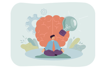 Worker doing yoga exercise on brain with light bulb background. Happy man training intelligence for healthy mind and body flat vector illustration. Harmony, mental power, spiritual lifestyle concept