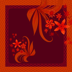 Vector floral pattern in a bright red color, with beveled edges for the design of a shawl, scarf, hijab.