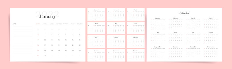 Minimal 2022 calendar design. Week starts on Sunday. Editable clean and elegant calendar page template. Place for notes. Minimalist trendy design for desktop design calendar planner. Set of 12 months - obrazy, fototapety, plakaty