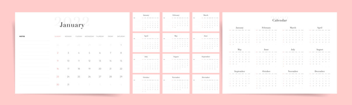 Minimal 2022 calendar design. Week starts on Sunday. Editable clean and elegant calendar page template. Place for notes. Minimalist trendy design for desktop design calendar planner. Set of 12 months