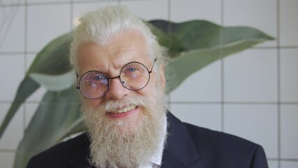 Happy elderly teacher with grey beard smiling at camera, university professor