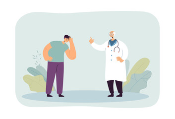 Young man with headache visiting doctor. Physician giving consultation to patient flat vector illustration. Healthcare, checkup, medical aid concept for banner, website design or landing web page