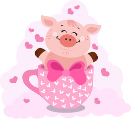 Obraz na płótnie Canvas Adorable pig in pink teacup 
