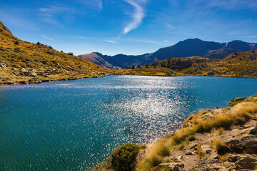 Fototapeta premium Panoramic view of the high lake of Tristaina, Arcalis, Andorra.