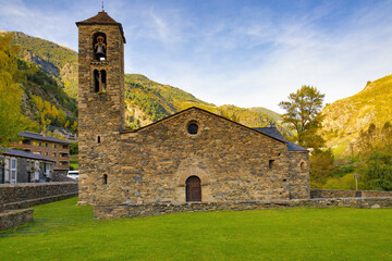 View of the main facade of the Saint Martin of Cortinada church, Ordino, Andorra