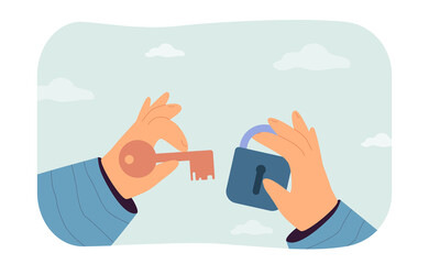 Two hands holding lock and key. Property owner or love metaphor flat vector illustration. Safety, privacy and security system concept for banner, website design or landing web page