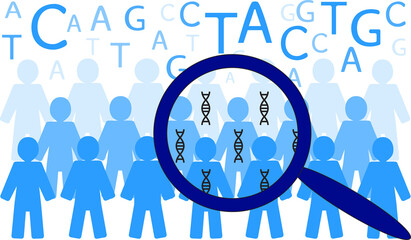 Illustration of human population carrying DNA under magnifying glass - population genetics and genetic studies - obrazy, fototapety, plakaty