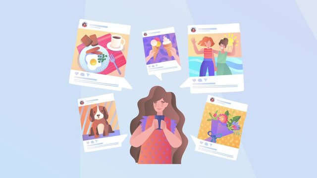 Social media posting concept. Moving woman with smartphone in her hands shares photos on her personal account. Surfing Internet. Video poster with popup pictures. Graphic modern animated cartoon