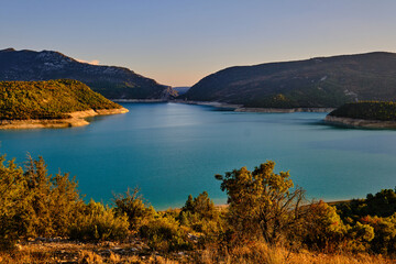 Beautiful picture of the town of Finestres, in Huesca, and its famous well-known Great Wall of China at sunset.