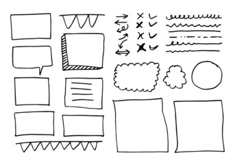 Doodle vector lines and curves.Hand drawn check and arrows signs. Set of simple doodle lines, curves, frames and spots. Collection of pencil effects. Doodle border. Simple doodle set.