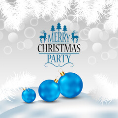 Merry christmas invitation greeting card with vector snow balls and party balls