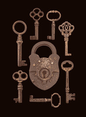Vector banner with old padlock and a set of beautiful antique keys of various shapes in retro style. Realistic illustration with vintage bronze keys and lock on a black background