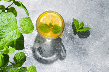 Ginger tea with lemon and fresh mint leaf with dark shadows