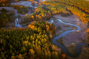 Radunia river meanders in the autumnal scenery before sunrise, Kashubia. Poland