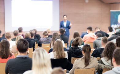 Fototapeta premium Business speaker giving a talk at business conference event.