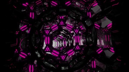 Flight through an abstract endless tunnel of purple-black rings.