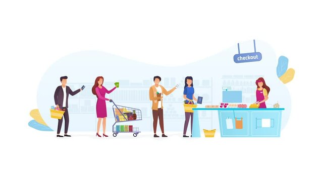 Queue at supermarket concept. Moving men and women with groceries standing at checkout and waiting for their turn to pay for purchases. Characters with carts in store. Graphic animated cartoon
