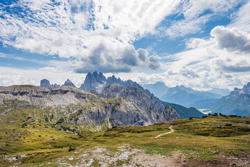 Mountain range of Cadini di Misurina and Sorapiss, from Tre Cime di Lavaredo or Drei Zinnen, Sesto, Braies and Ampezzo Dolomites. Auronzo di Cadore, Belluno province, Veneto, Italy, Europe. 