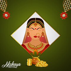 Creative vector illustration of bride with golden jewellery and gold coin and kalash