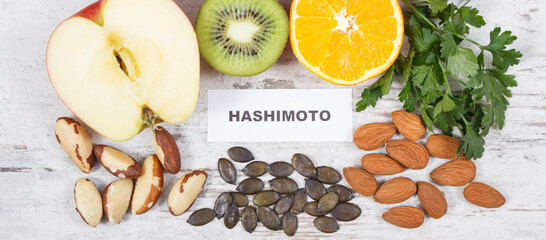 Inscription hashimoto with products and ingredients as source vitamins for healthy thyroid