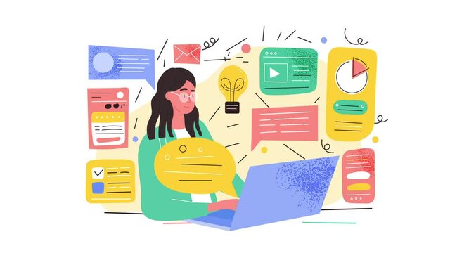 SMM Specialist concept. Moving woman sitting at laptop and promoting website or application on social networks. Popup statistics and ideas. Optimization for search engines. Graphic animated cartoon