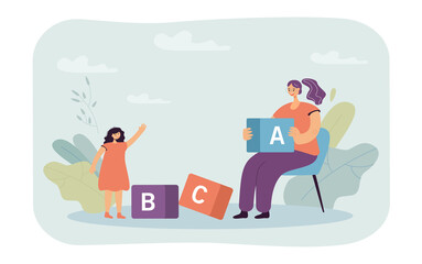 Young woman teaching girl to read using blocks with different letters. Mother helping daughter to learn letters flat vector illustration. Education concept for banner, website design, landing web page