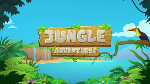 Jungle Adventures concept. Beautiful seascape with water, island, sign, exotic plants and animals. Uninhabited land. Video banner with popup elements. Graphic animated cartoon with blue background